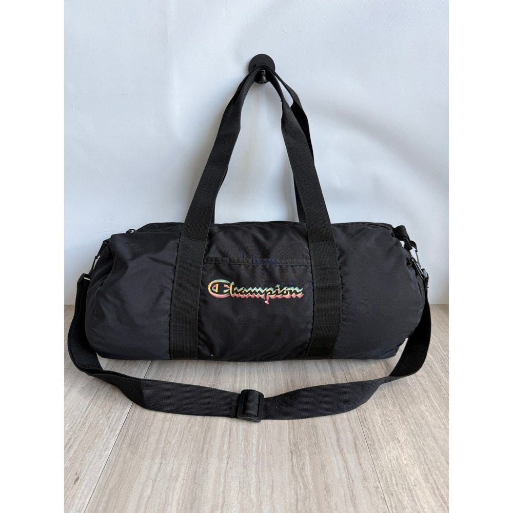 Vintage Champion Rainbow Logo Black Nylon Duffle Bag Y2K Gym Travel Overnight